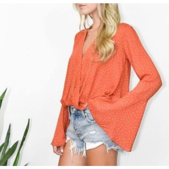 Free People Intimately Blousy Bodysuit Surplice Front Flouncy L/S Lace Trim - Picture 3 of 12